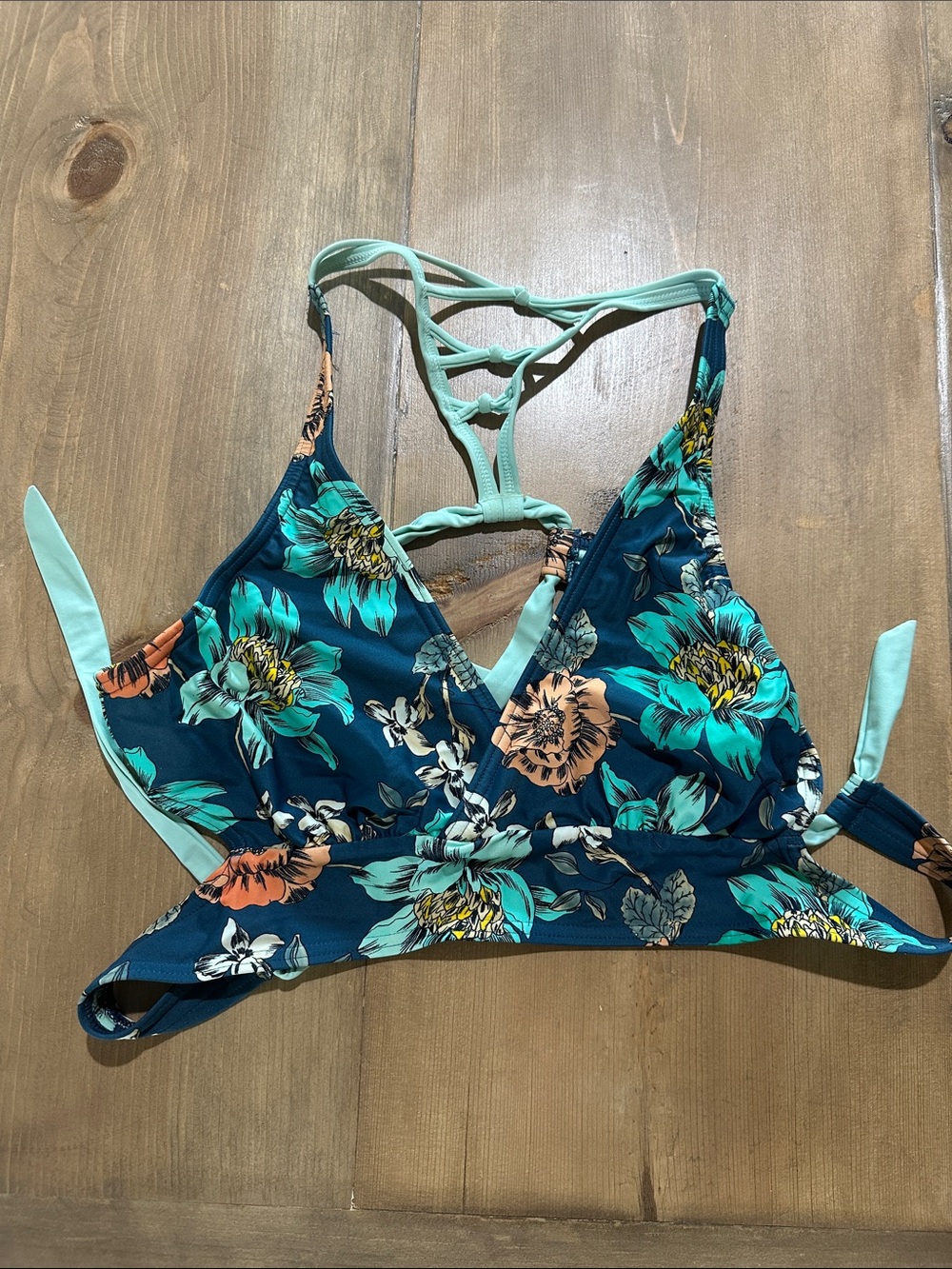Prana Floral Bikini Top - Teal with Mint and Coral Accents